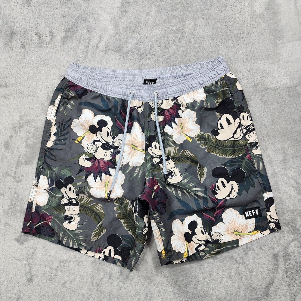 Neff Swim Trunks Mens M Multicolor Mickey Mouse Floral Hawaiian Disney Beach